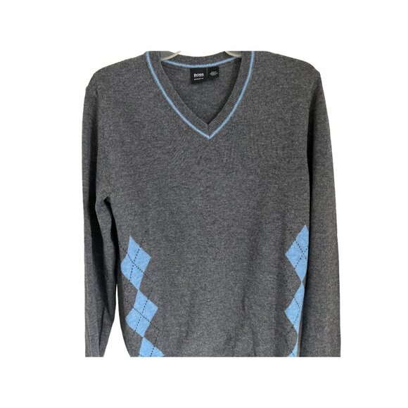 Hugo Boss Merino Wool V-Neck Gray Light Blue Argyle Small - Picture 2 of 11